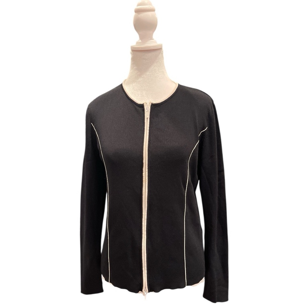 Rino Rossi Black Knit Zip Cardigan Jacket Contrast Piping Trim Women’s M vintage